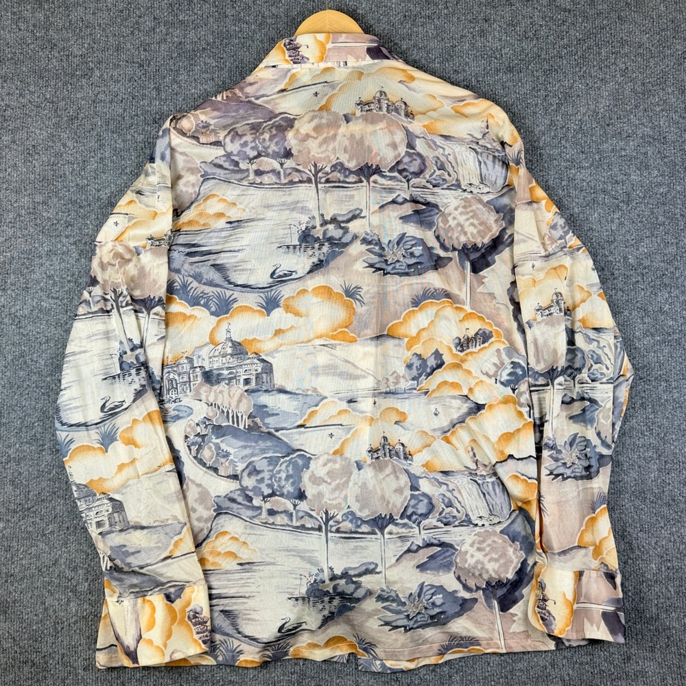 Vintage 70s K-Mart Shirt Mens XL Disco Dagger Collar Landscape Art Silky - Picture 2 of 11